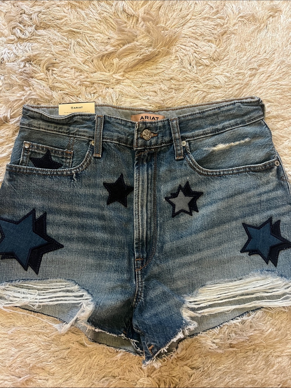 NWT Ariat Medium Blue Denim Star Appliqué Distressed Jean Shorts